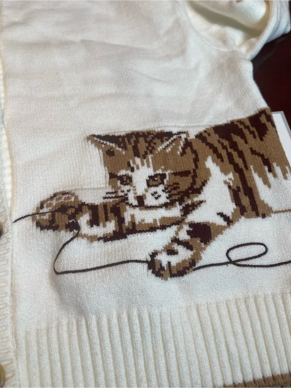 Anthropologie Calligraphie Novelty Knit Cat Sweater Cardigan Grandma Cream L - Image 12
