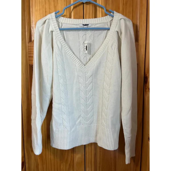 Madewell NWT Women's V‎ Neck Merino Wool Cable Knit Sweater Small Cream Pullover - Image 2