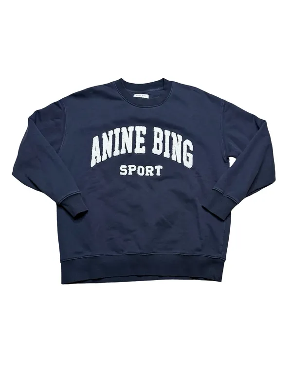 👕 ANINE BING Tyler Sport Sweatshirt Navy Terry Varsity Logo Pullover Medium 👕 - Image 2