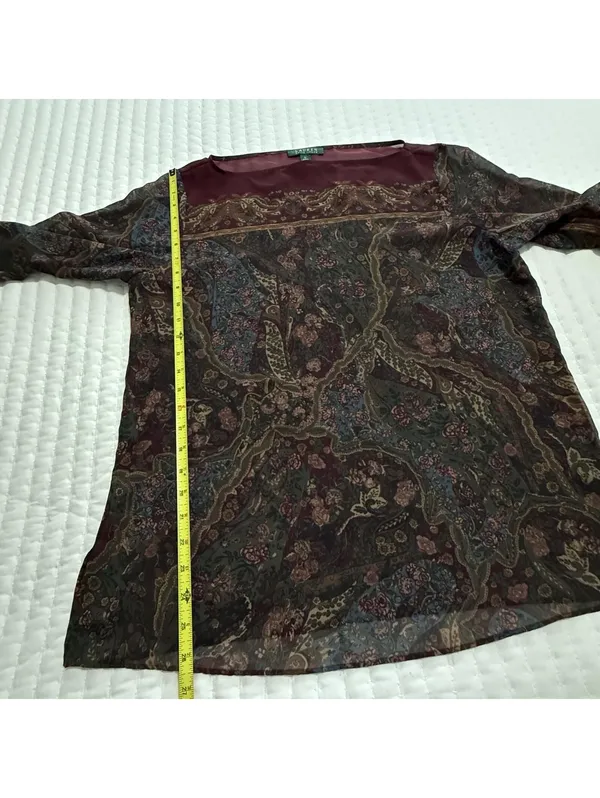 Lauren Ralph Lauren Burgundy Paisley Floral Sheer Blouse Top XL Extra Large - Image 5