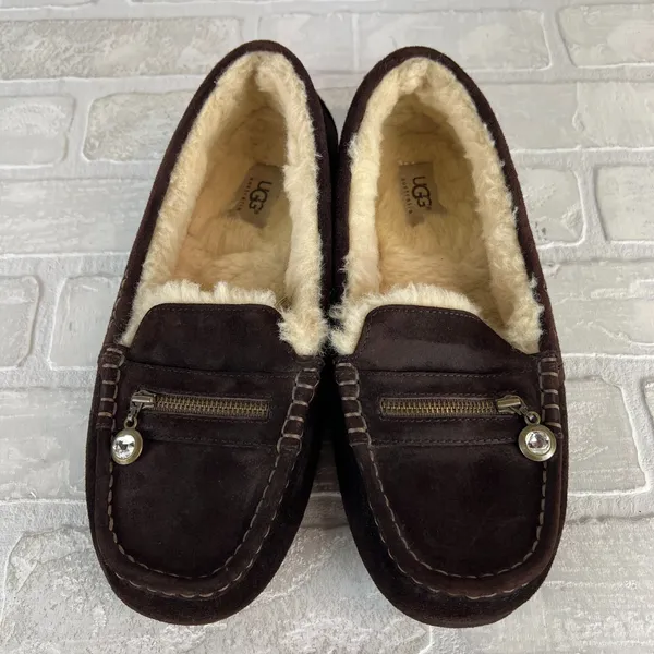 UGG Ansley Moccasin Slippers Womens 10 Brown Suede Shearling Fur Lined Zip Charm - Image 8