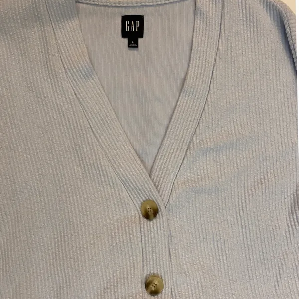 GAP Cardigan Light Blue Ribbed Knit Button Front Cropped V Neck Women's Size L‎ - Image 7