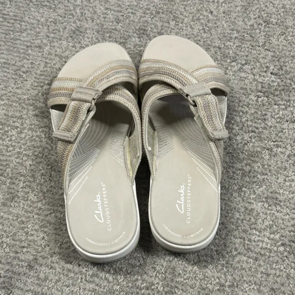 Clarks Arla Wave Slide Sandals Womens 9 Tan Beige Strappy Adjustable Slip On - Image 5