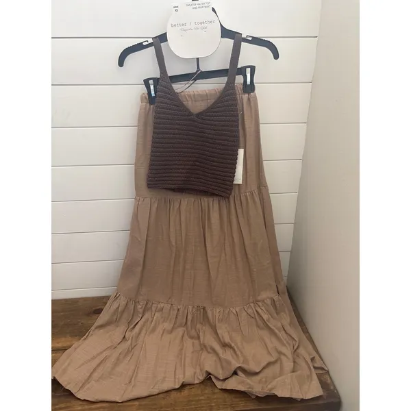 Better Together Crochet Halter Top and Tiered Maxi Skirt Set Brown Tan XS - Image 2