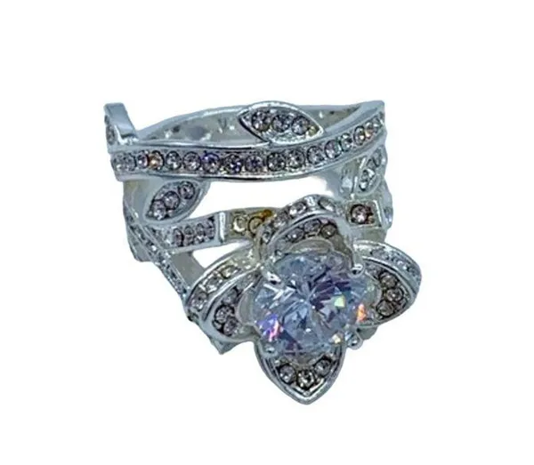 NEW flower fashion ring w/leaf wedding band set 7 - Image 3
