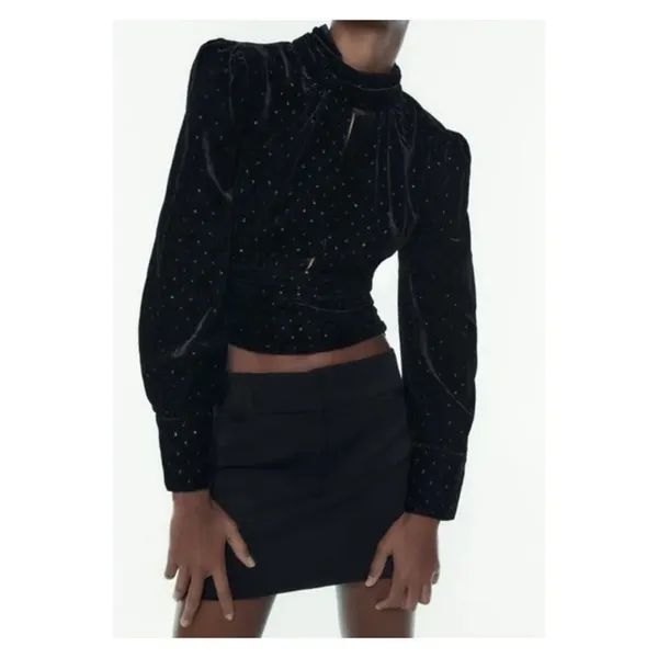 ZARA Velvet Metallic Long Sleeve‎ Crop Top Women's Size S Black Party Glam - Image 6