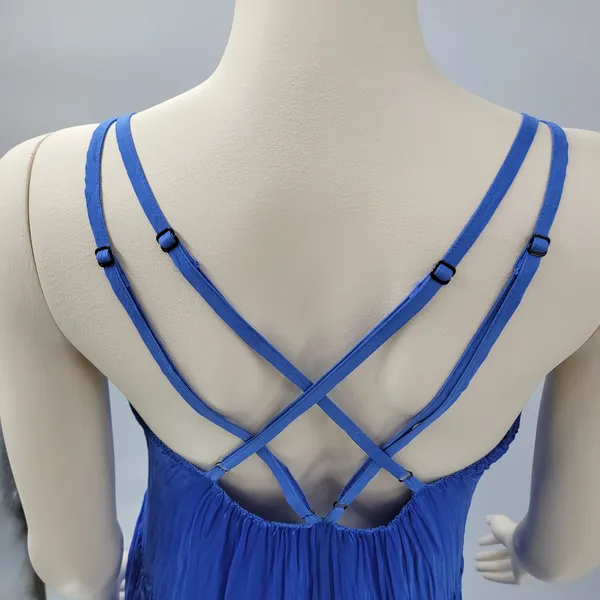 FRNCH Jailys Dress Womens M Blue Silk Viscose Criss Cross Open Back Tiered - Image 15