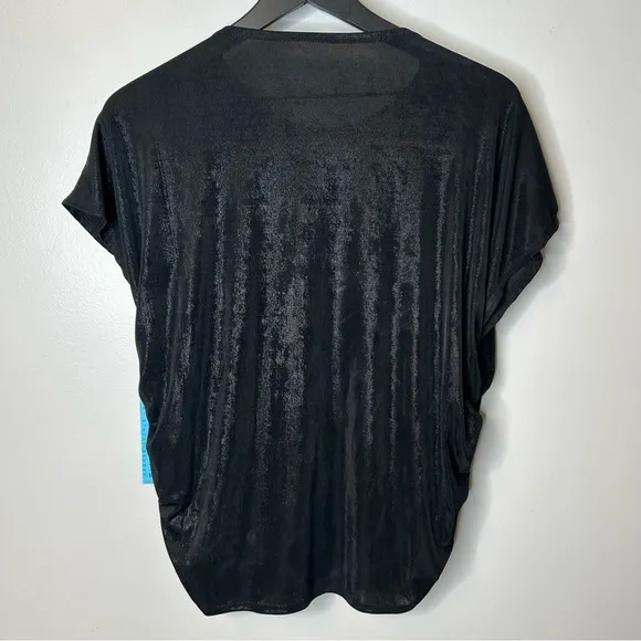 Alice + Olivia‎ Black Shimmery Short Sleeve Draped Ruched Top Size XS NWT - Image 2