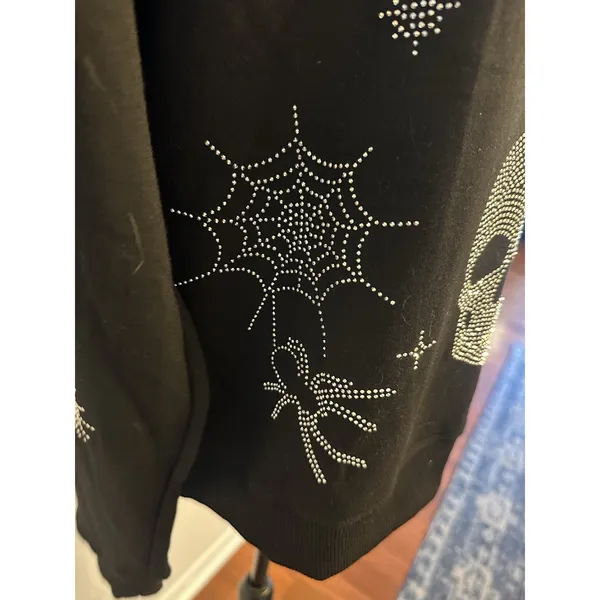 Marled Rhinestone Hoodie Pullover Sweatshirt Size Medium Black Skull Hamsa Snake - Image 2