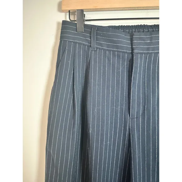 GU Navy Blue Pinstripe Pleated Wide Leg Pants High Rise Office Trousers L - Image 5