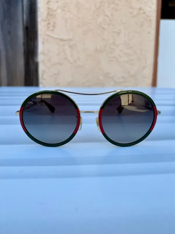 Gucci GG0061S brow bar round sunglasses 56mm gold frames green gradient lenses - Image 6