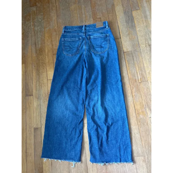 American Eagle Super High Rise Baggy Wide Leg Jeans Medium Wash Cut Off Hem 0 S - Image 5