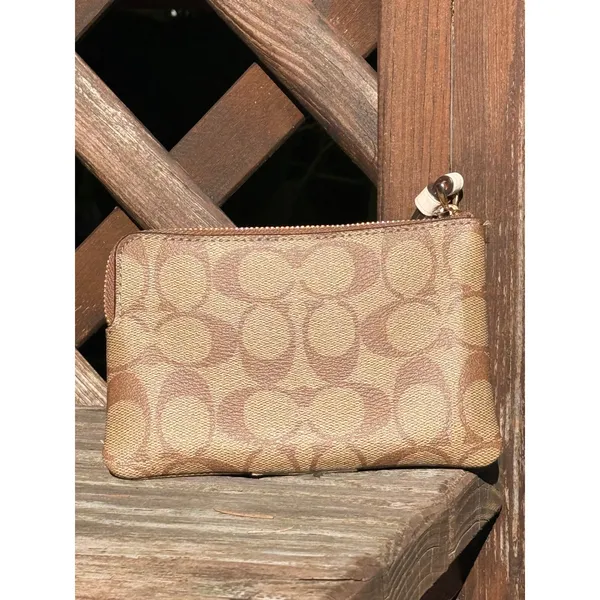 Coach Corner Zip Wristlet in Signature Canvas with Stripe Brown Cream Gold - Image 2