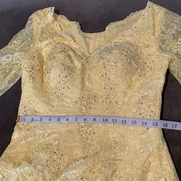 Women’s Yellow Lace Full Length Dress Mother of the Bride Small Train Zip Size L - Image 9