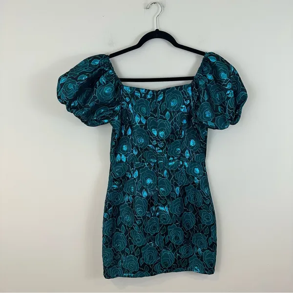 Lulu's Beyond Amazing Dark Teal Blue Floral Jacquard Puff Sleeve Dress Small - Image 6