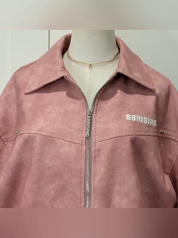 88Rising Pink Faux Leather Bomber Jacket Large Kpop Grunge Y2K Streetwear Edgy - Image 6