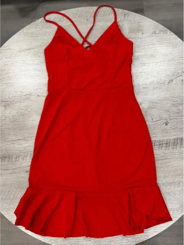 Red Lace Up Back Bodycon Ruffle Hem Spaghetti Strap Mini Cocktail Date Night - Image 6