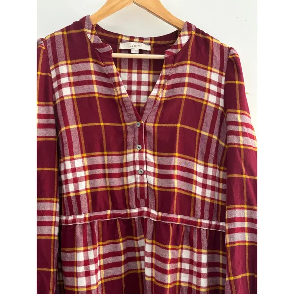 LOFT Flannel Babydoll Tiered Mini Dress Medium Red Yellow Tartan Plaid Medium - Image 2