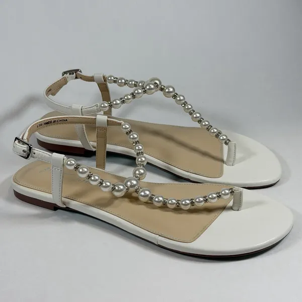 Betsey Johnson Size-6.5 Women Flat Sandals‎ Gal Pearl Strap White - Image 3