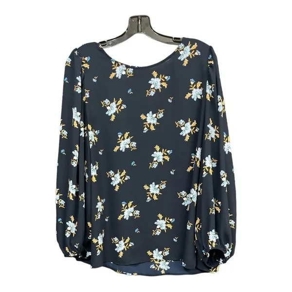 Loft Women's Size L Blouse Top Long Sleeve Blue Floral Polyester Crew Neck - Image 3