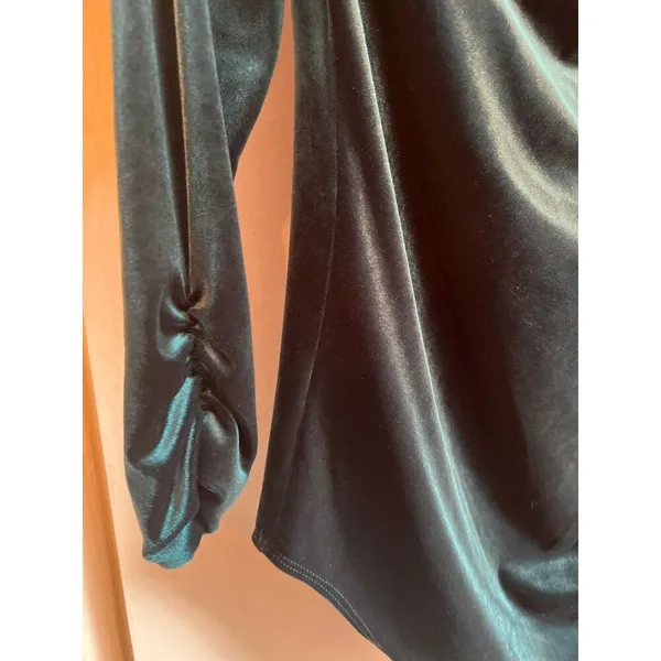 Valerie Bertinelli Teal Blue Velvet Long Sleeve Draped Top For Women - Image 3