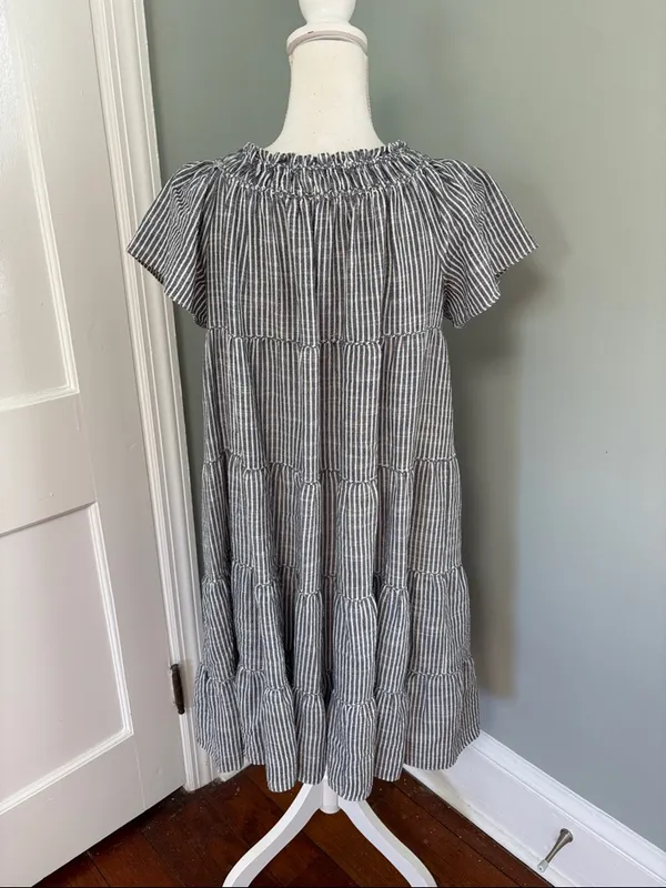 Max Studio Striped Short-Sleeve Tiered Babydoll‎ Dress Gray/White Small - Image 3