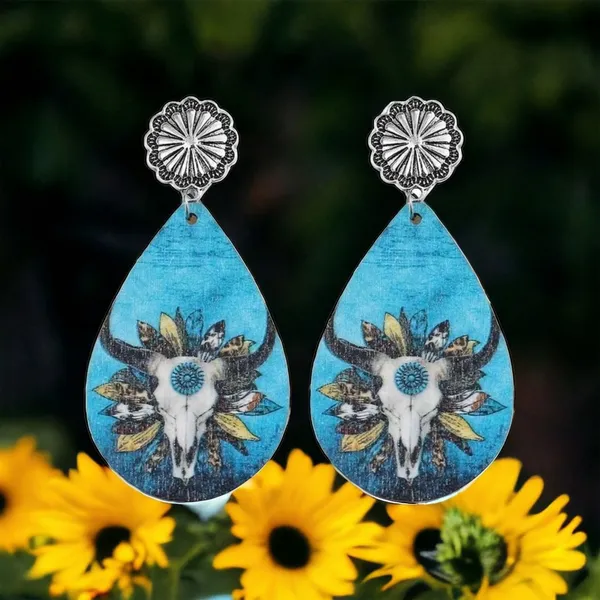 Handmade Wooden double sided western‎ style retro bullhead waterdrop dangle earrings - Image 6