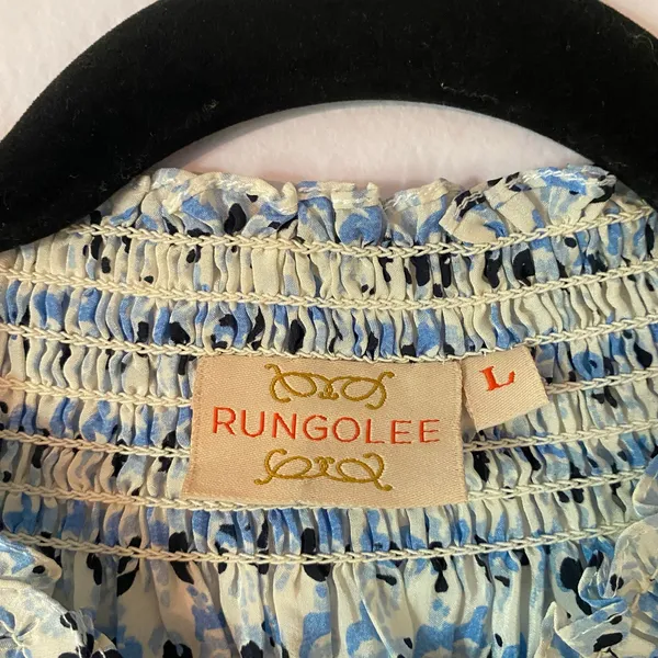 Rungolee Blue White Floral Silk High Neck Smocked Blouse Fairy Women size Large - Image 2