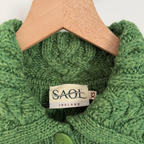 Saol XS Aran Irish Cardigan Cable Knit Merino Wool Green St. Patrick’s Day - Image 5