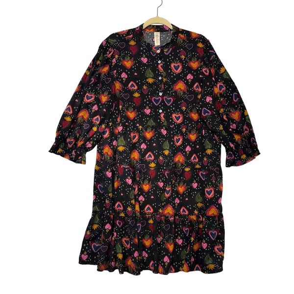 Uncle Frank Black Hearts of Flame Sacred Tiered Mini Dress Long Sleeve Medium - Image 2