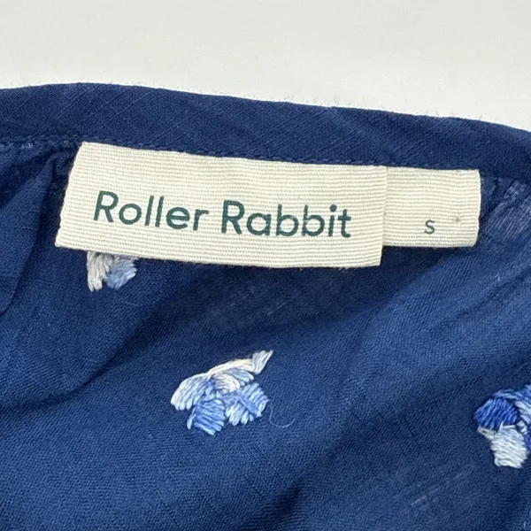 ROLLER RABBIT Blue Embroidered‎ Cotton Tunic Blouse Small S Boho V-Neck Slit Top - Image 8