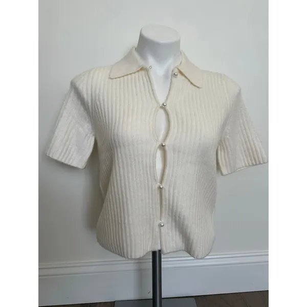 Abercrombie & Fitch Cream Ribbed Button Up Cardigan - Image 2