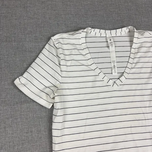 Lululemon Striped Shirt Womens 2 White V-Neck Short Sleeve Pima Cotton Top - Image 3