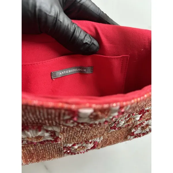 Anthropologie Fiona Beaded Shoulder Bag Red White Checkerboard Floral Flap Purse - Image 9