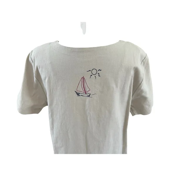 Vintage 90s Christopher & Banks Maxi Dress Sailboat Nautical Tan 12 Whimsical - Image 9