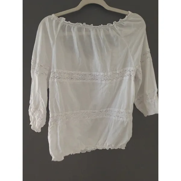 Cottage Peasant White Cotton Crochet Lace Peasant Blouse Off Shoulder Boho Top - Image 3
