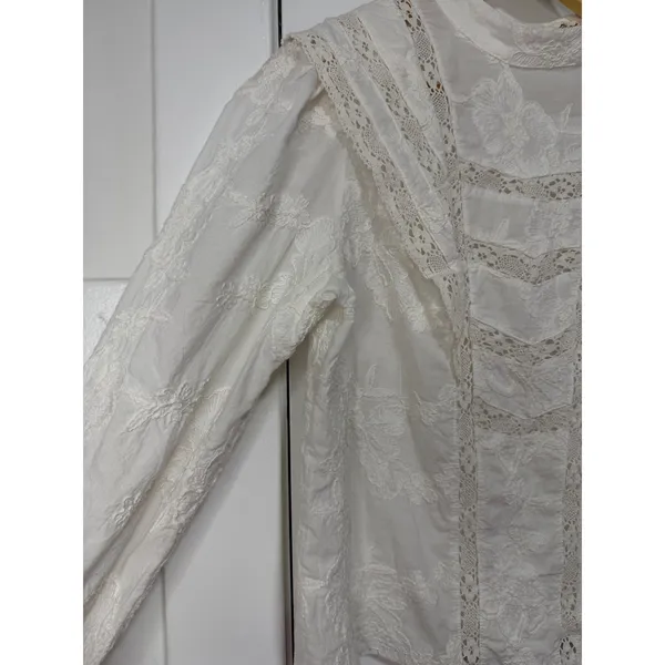 Ultra Pink White Embroidered Lace Victorian Mock Neck Cotton Blouse Top Medium - Image 12