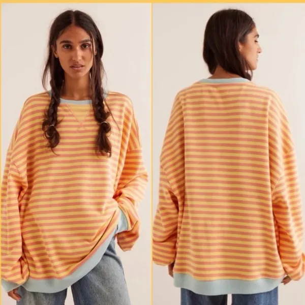 We The Free People Classic Stripe Crew Sweatshirt Oversized Yellow Size XL Boho‎ - Image 2