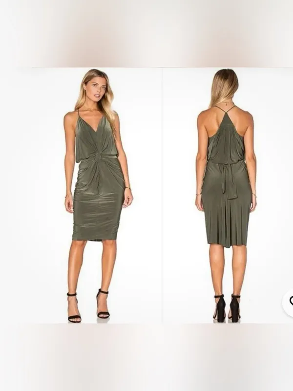 MISA Domino Tie Front Draped Ruched Knee Length Dress Olive Green Size XS NWT - Image 2