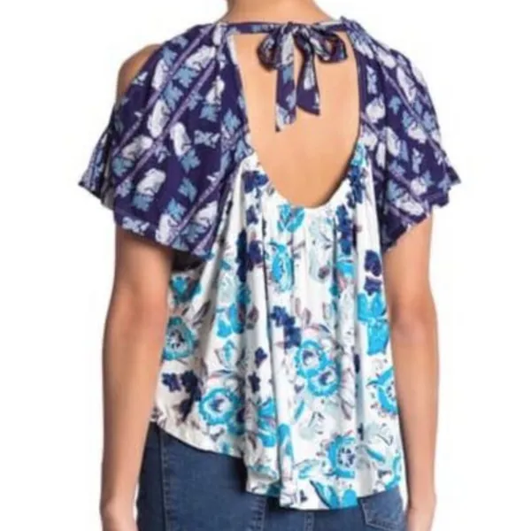Free People Baja Babe Top Blue & Ivory Boho Floral Print Women’s Small S - Image 14