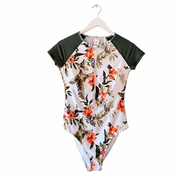 CUPSHE One Piece Tropical Floral Front Zipper Swimsuit Mock Neck Zipper Short Sl - Image 3