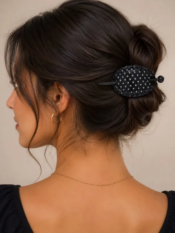 Black faux leather slide hair Stick Clip pin barrette. - Image 2