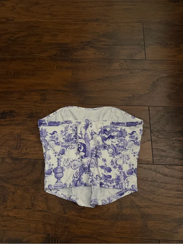 SheIn White & Blue Toile Strapless Corset Top - Image 2