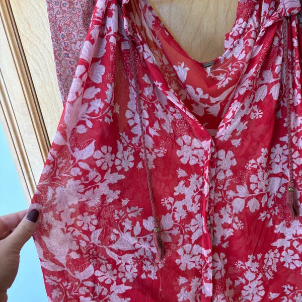 Free People Blouse Women Medium Red Floral Sheer Tassel Balloon Sleeve Top - Image 5