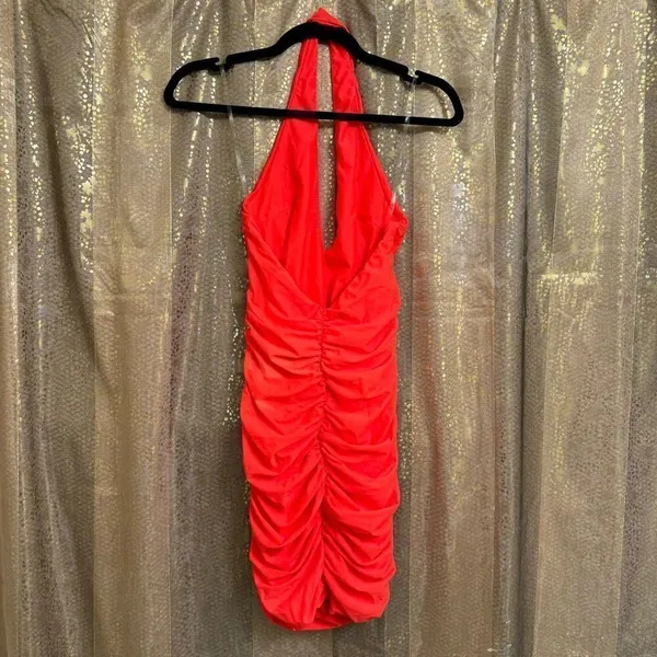 Tiger‎ Mist Neon Coral Amazon Plunging Ruched Halter Dress Small NWT Flawed - Image 2