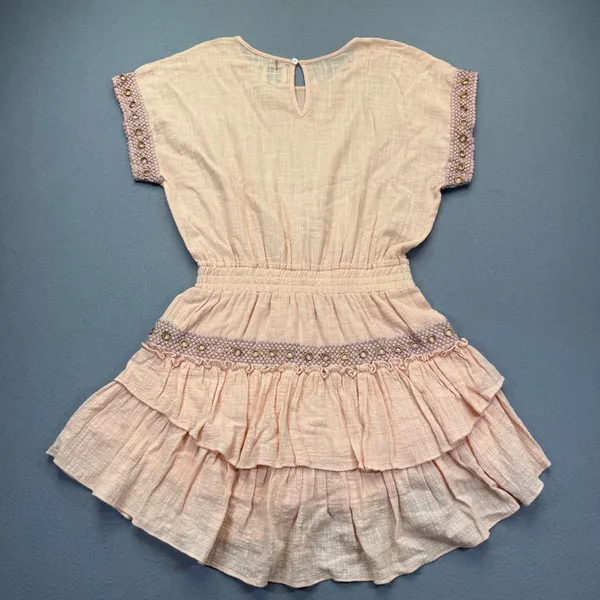 MISA Los Angeles Peach Cotton Rayon Ruffle Mini Dress Grommet‎ Crochet Small - Image 8