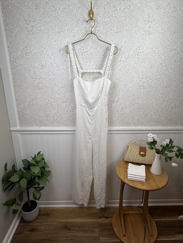 Reformation Harlow White Linen Wide-Leg Jumpsuit - Size - 6 - NWT - Image 2