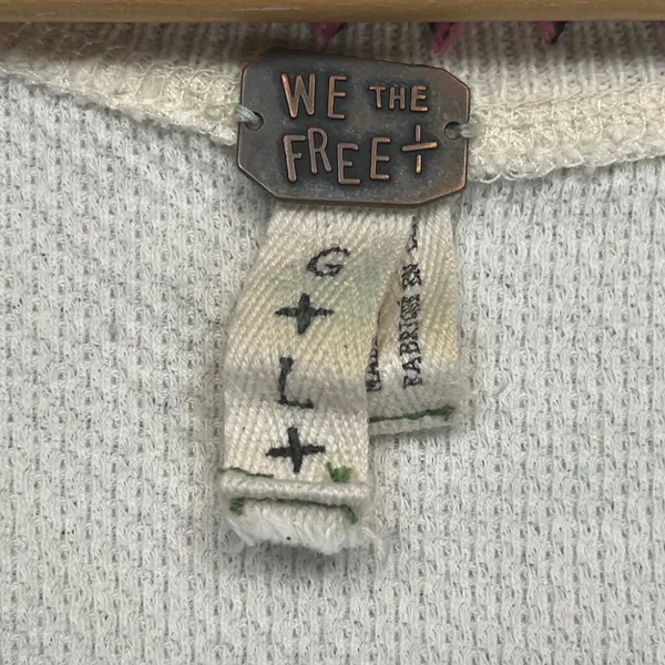 We The Free Free People White Waffle Knit Embroidered Henley Thermal Top‎ Large - Image 4