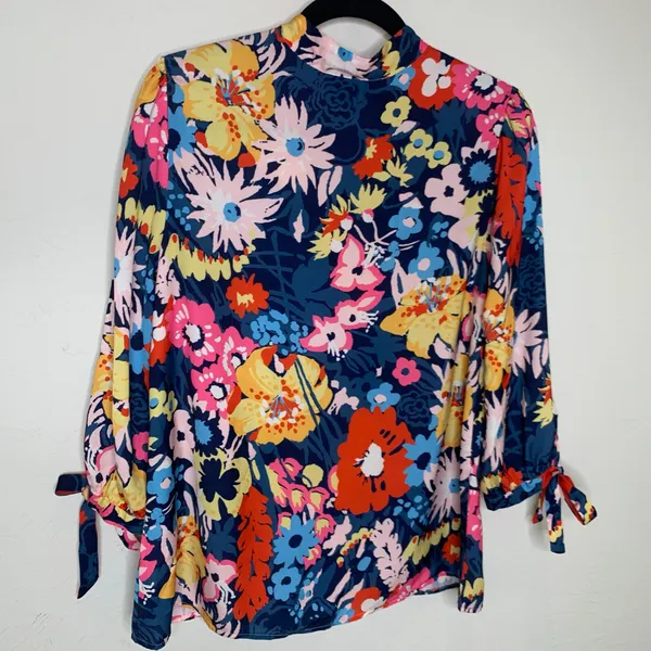 Modcloth Bright Floral Tie Neck Blouse Sz Medium - Image 6