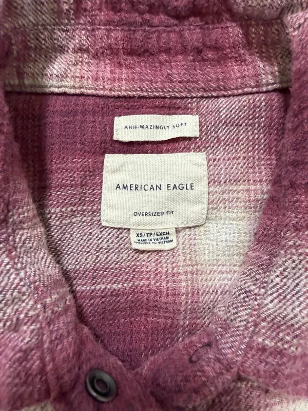 American Eagle Women’s Burgundy Cream Plaid Oversized Western Flannel Shirt - Image 4
